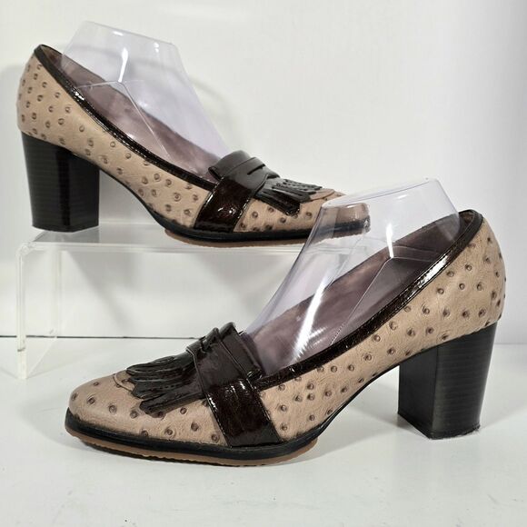 Pilar Abril Ostrich Leather Block Heel Shoes‎ EU 40 US 9.5 Tan Brown Tassels - Picture 1 of 12